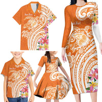 Aloha Lanai Island Personalized Family Matching Long Sleeve Bodycon Dress and Hawaiian Shirt Orange Dreamy Turtle LT7 - Polynesian Pride