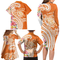 Aloha Lanai Island Personalized Family Matching Long Sleeve Bodycon Dress and Hawaiian Shirt Orange Dreamy Turtle LT7 - Polynesian Pride
