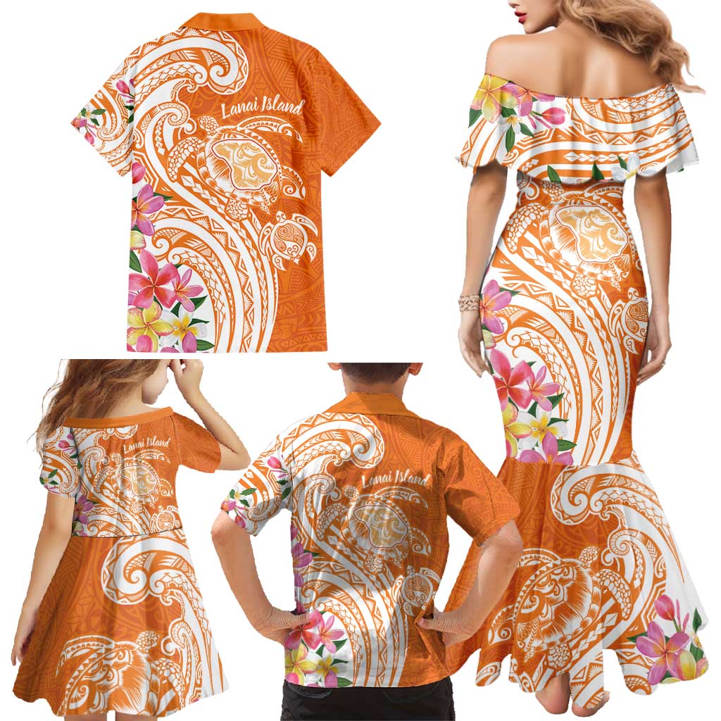 Aloha Lanai Island Personalized Family Matching Mermaid Dress and Hawaiian Shirt Orange Dreamy Turtle LT7 - Polynesian Pride