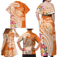 Aloha Lanai Island Personalized Family Matching Off Shoulder Maxi Dress and Hawaiian Shirt Orange Dreamy Turtle