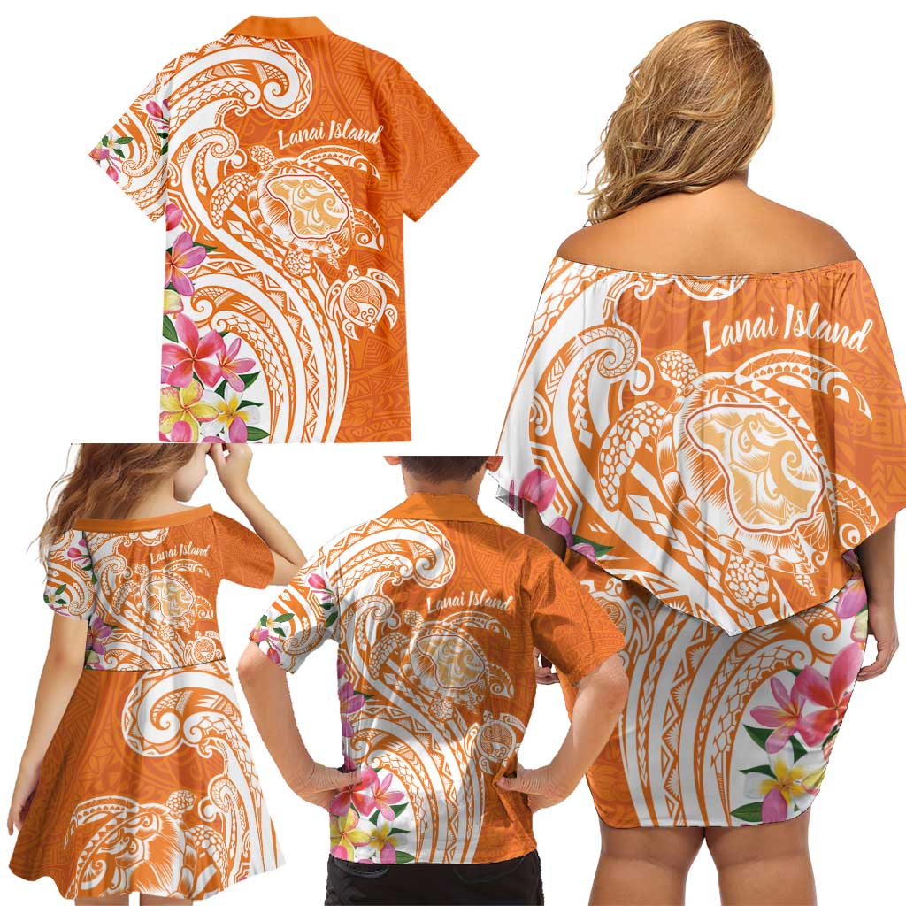 Aloha Lanai Island Personalized Family Matching Off Shoulder Short Dress and Hawaiian Shirt Orange Dreamy Turtle