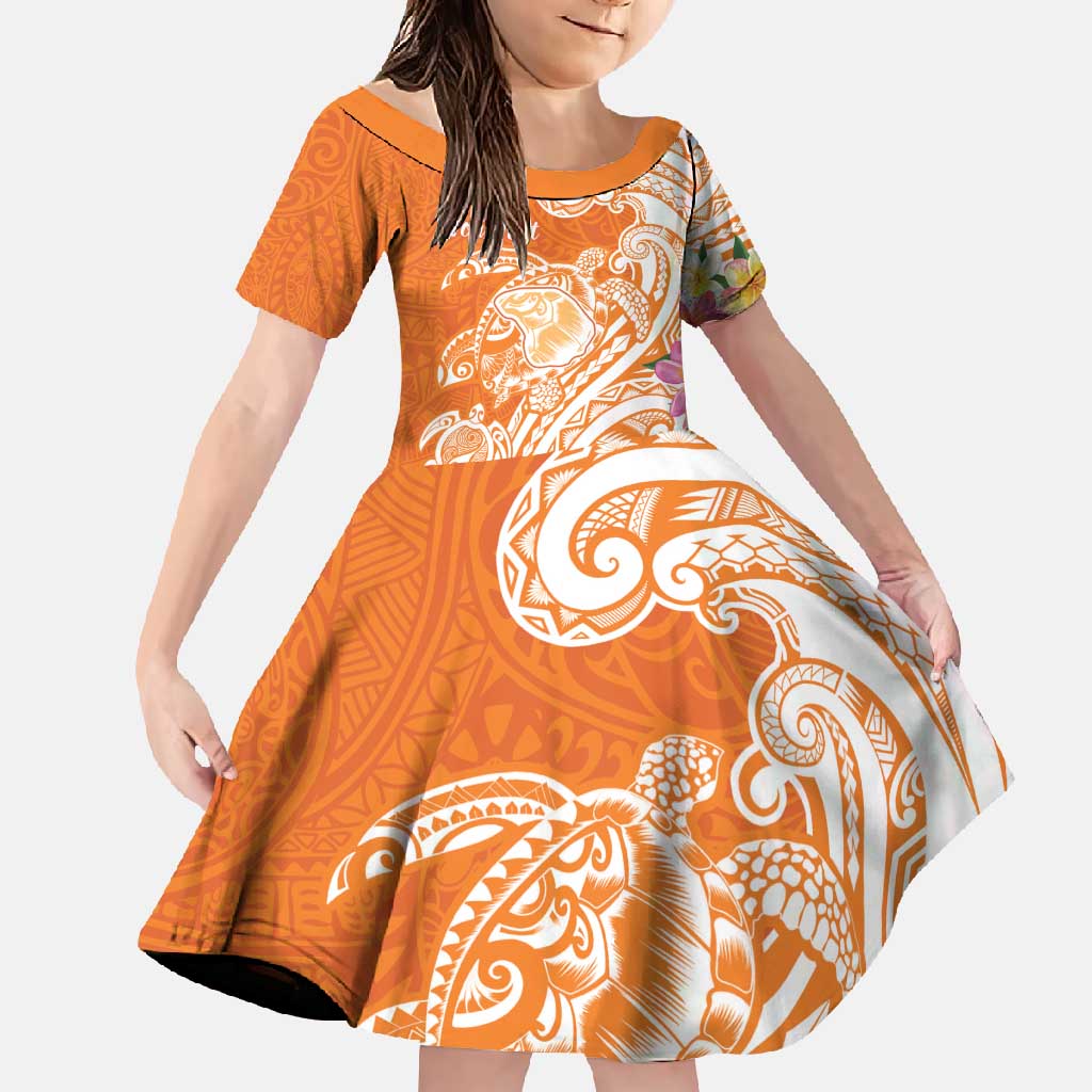 Aloha Lanai Island Personalized Family Matching Short Sleeve Bodycon Dress and Hawaiian Shirt Orange Dreamy Turtle LT7 Daughter's Dress Orange - Polynesian Pride