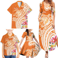 Aloha Lanai Island Personalized Family Matching Summer Maxi Dress and Hawaiian Shirt Orange Dreamy Turtle