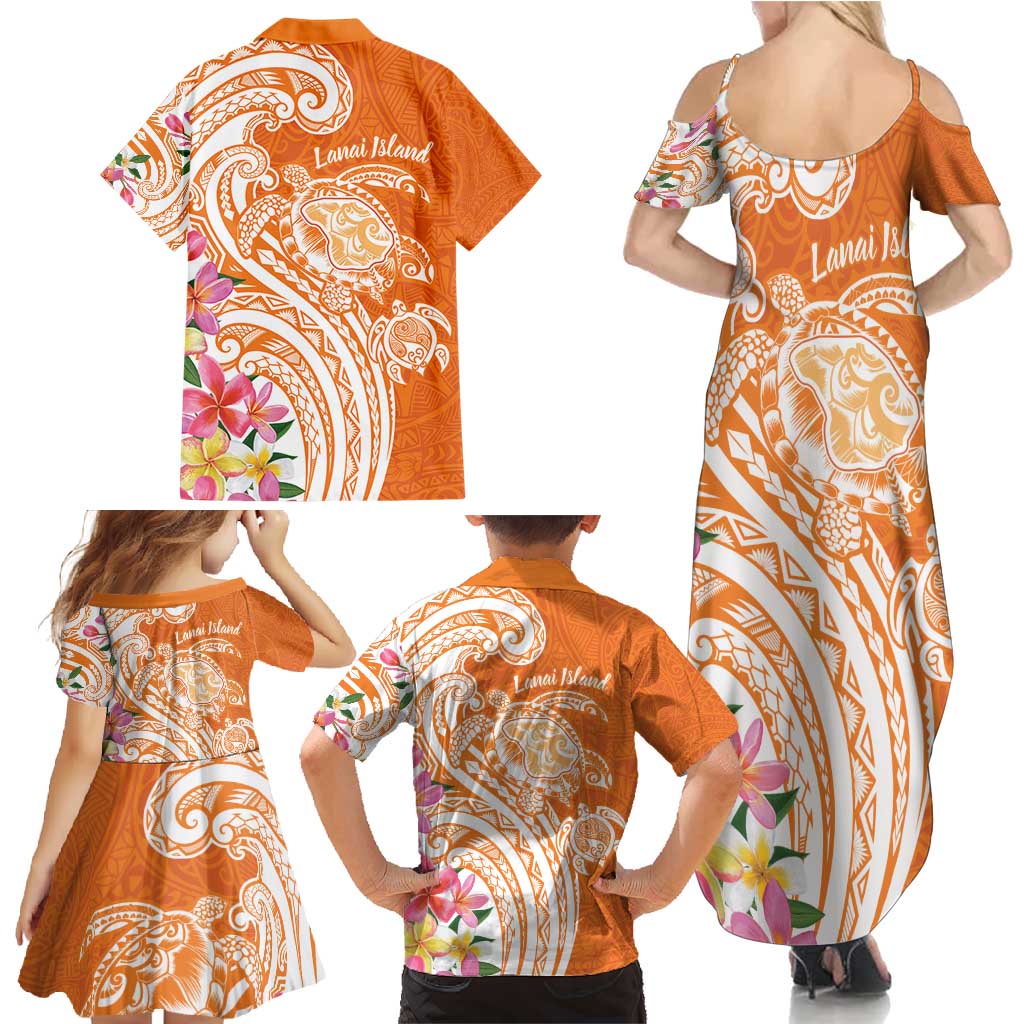 Aloha Lanai Island Personalized Family Matching Summer Maxi Dress and Hawaiian Shirt Orange Dreamy Turtle