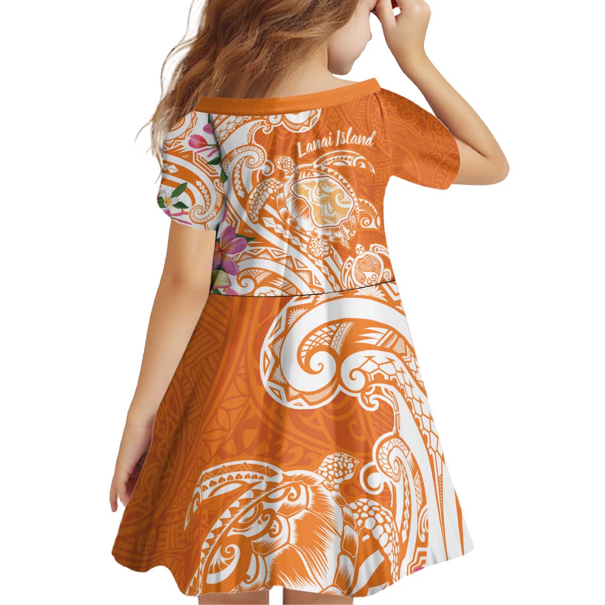 Aloha Lanai Island Personalized Kid Short Sleeve Dress Orange Dreamy Turtle