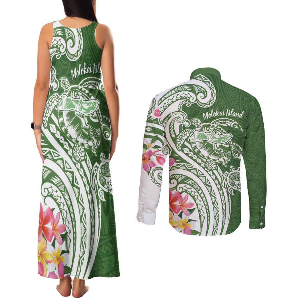 Aloha Molokai Island Personalized Couples Matching Tank Maxi Dress and Long Sleeve Button Shirt Sage Dreamy Turtle LT7 - Polynesian Pride