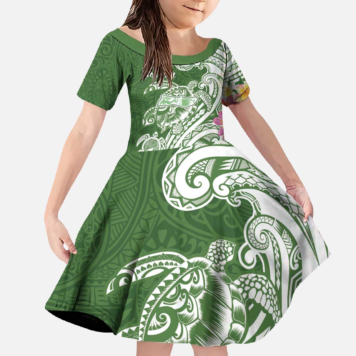 Aloha Molokai Island Personalized Family Matching Off The Shoulder Long Sleeve Dress and Hawaiian Shirt Sage Dreamy Turtle LT7 Daughter's Dress Sage Green - Polynesian Pride
