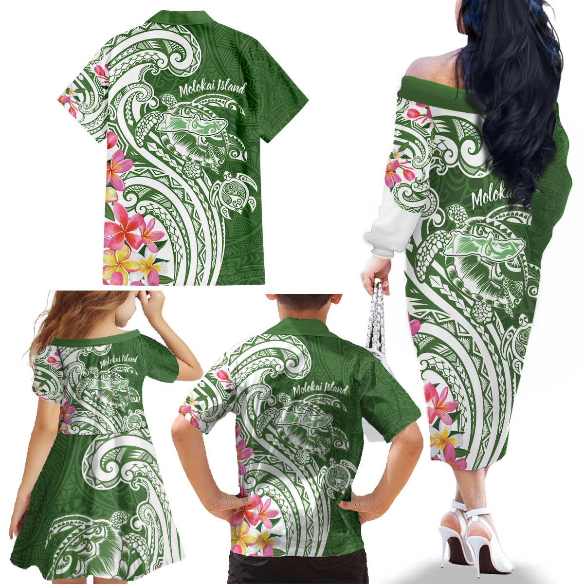 Aloha Molokai Island Personalized Family Matching Off The Shoulder Long Sleeve Dress and Hawaiian Shirt Sage Dreamy Turtle LT7 - Polynesian Pride