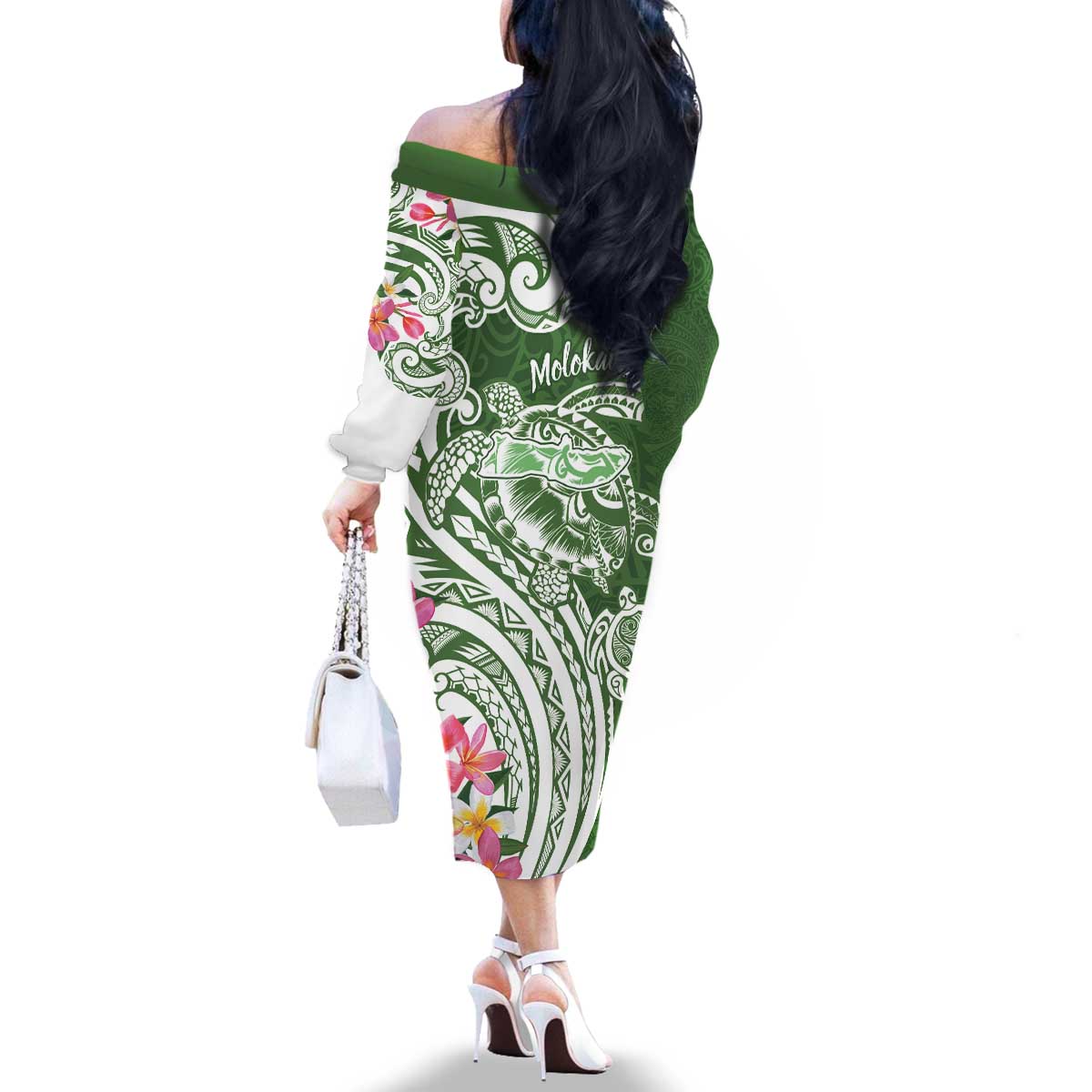 Aloha Molokai Island Personalized Family Matching Off The Shoulder Long Sleeve Dress and Hawaiian Shirt Sage Dreamy Turtle LT7 - Polynesian Pride