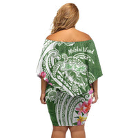 Aloha Molokai Island Personalized Family Matching Off Shoulder Short Dress and Hawaiian Shirt Sage Dreamy Turtle