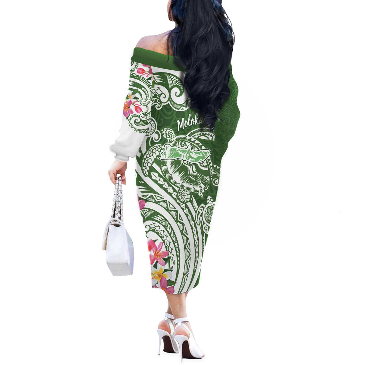 Aloha Molokai Island Personalized Off The Shoulder Long Sleeve Dress Sage Dreamy Turtle