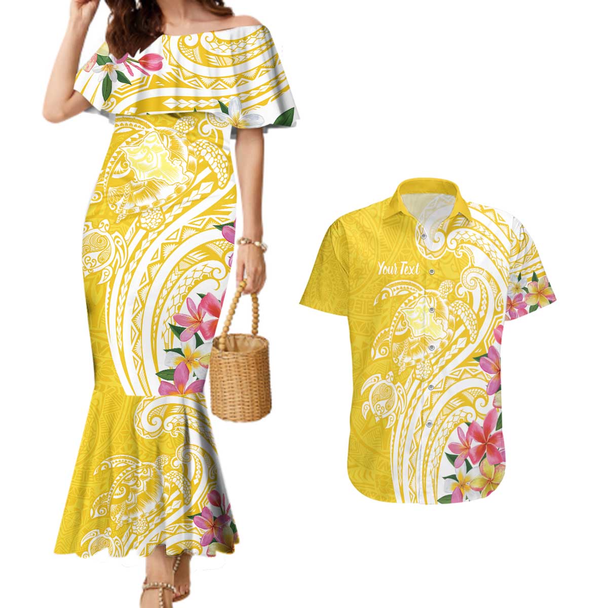 Aloha Oahu Island Personalized Couples Matching Mermaid Dress and Hawaiian Shirt Yellow Dreamy Turtle LT7 Yellow - Polynesian Pride