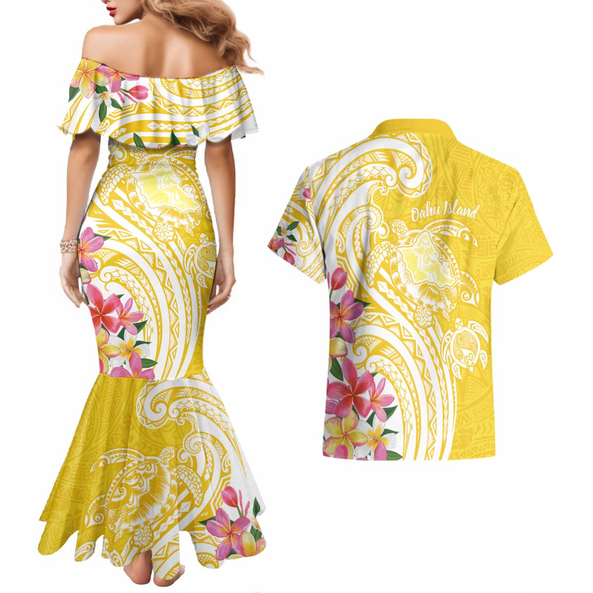 Aloha Oahu Island Personalized Couples Matching Mermaid Dress and Hawaiian Shirt Yellow Dreamy Turtle LT7 - Polynesian Pride