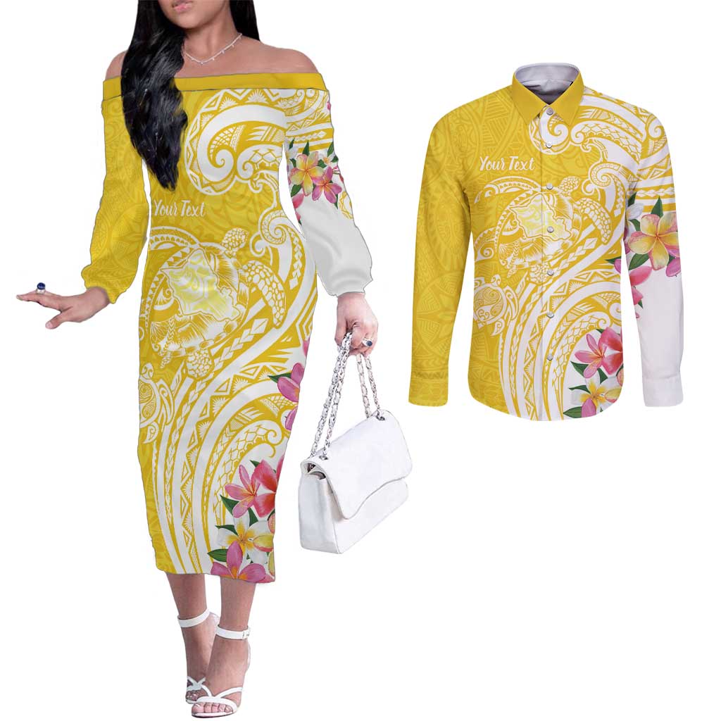 Aloha Oahu Island Personalized Couples Matching Off The Shoulder Long Sleeve Dress and Long Sleeve Button Shirt Yellow Dreamy Turtle LT7 Yellow - Polynesian Pride
