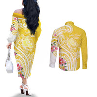 Aloha Oahu Island Personalized Couples Matching Off The Shoulder Long Sleeve Dress and Long Sleeve Button Shirt Yellow Dreamy Turtle LT7 - Polynesian Pride