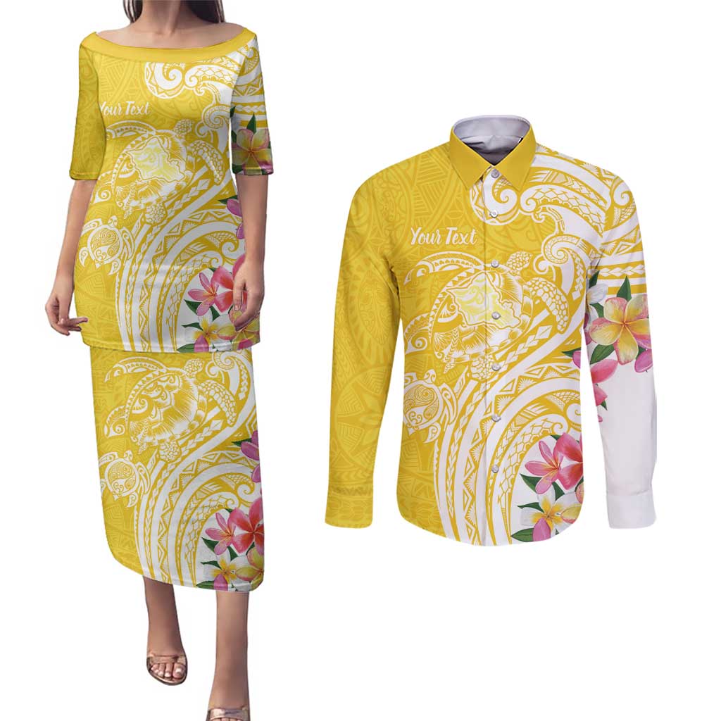 Aloha Oahu Island Personalized Couples Matching Puletasi and Long Sleeve Button Shirt Yellow Dreamy Turtle