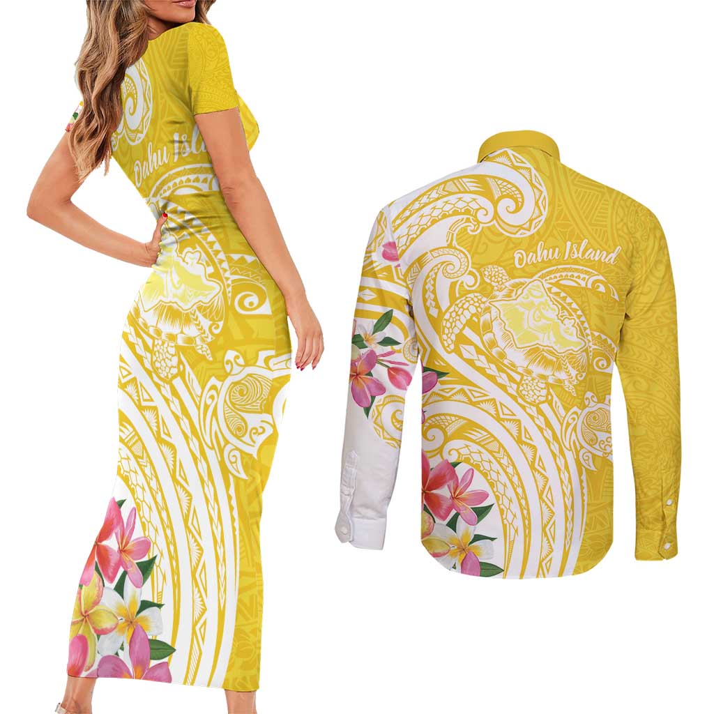 Aloha Oahu Island Personalized Couples Matching Short Sleeve Bodycon Dress and Long Sleeve Button Shirt Yellow Dreamy Turtle