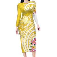 Aloha Oahu Island Personalized Family Matching Long Sleeve Bodycon Dress and Hawaiian Shirt Yellow Dreamy Turtle LT7 Mom's Dress Yellow - Polynesian Pride
