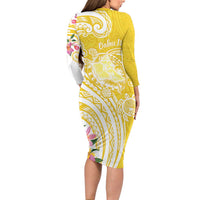 Aloha Oahu Island Personalized Family Matching Long Sleeve Bodycon Dress and Hawaiian Shirt Yellow Dreamy Turtle LT7 - Polynesian Pride