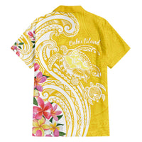 Aloha Oahu Island Personalized Family Matching Off The Shoulder Long Sleeve Dress and Hawaiian Shirt Yellow Dreamy Turtle LT7 - Polynesian Pride