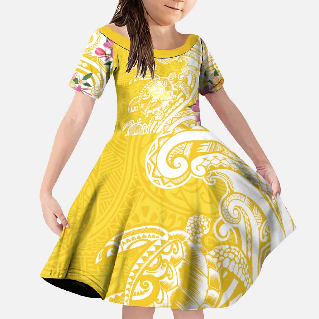 Aloha Oahu Island Personalized Family Matching Off Shoulder Maxi Dress and Hawaiian Shirt Yellow Dreamy Turtle