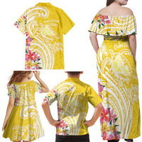 Aloha Oahu Island Personalized Family Matching Off Shoulder Maxi Dress and Hawaiian Shirt Yellow Dreamy Turtle