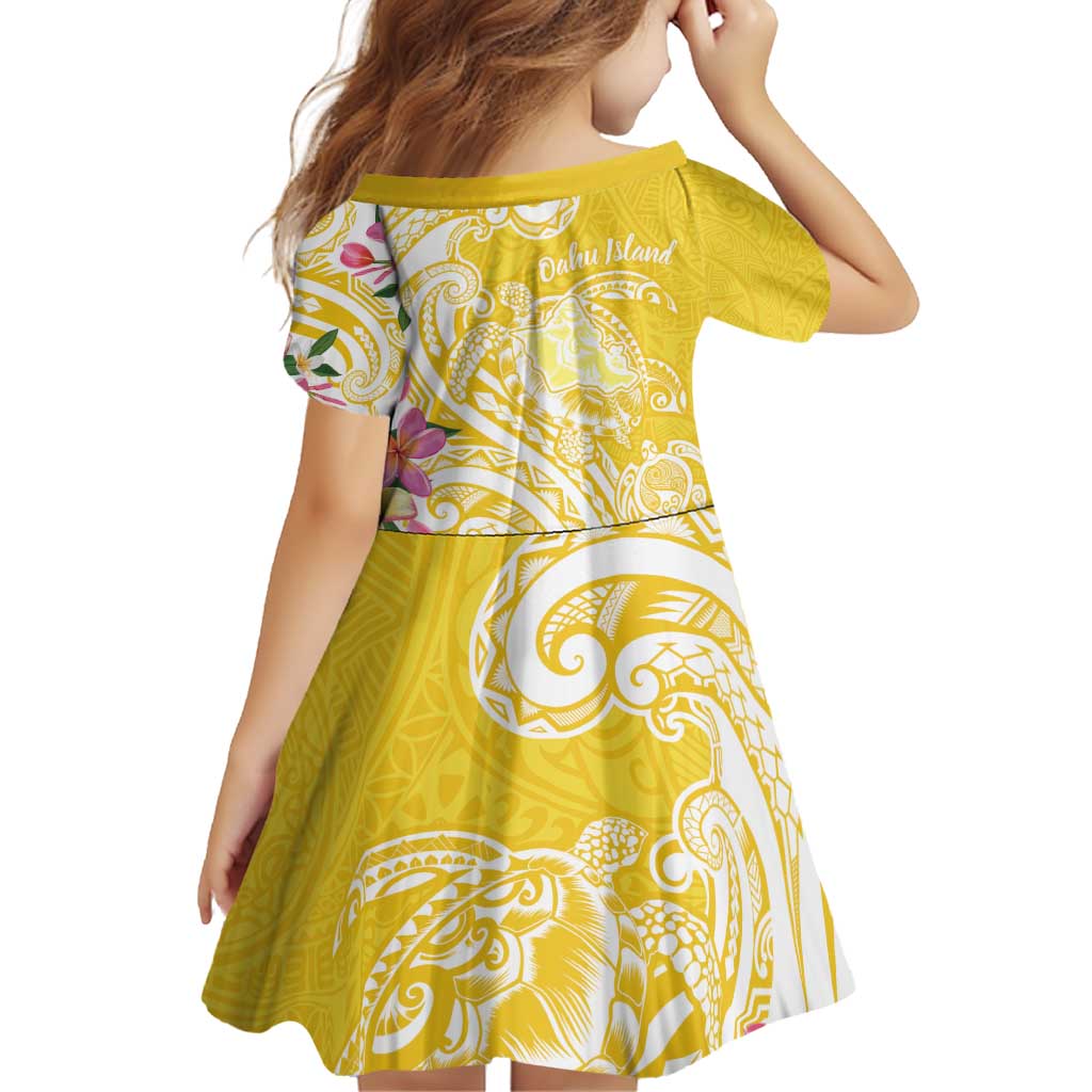 Aloha Oahu Island Personalized Family Matching Off Shoulder Short Dress and Hawaiian Shirt Yellow Dreamy Turtle
