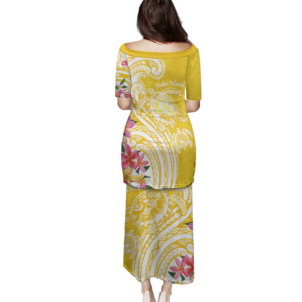 Aloha Oahu Island Personalized Family Matching Puletasi and Hawaiian Shirt Yellow Dreamy Turtle