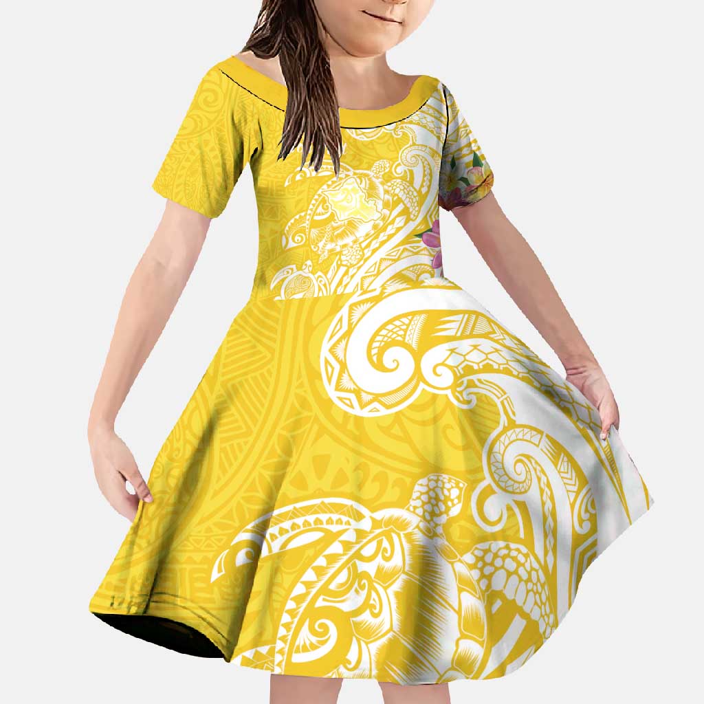 Aloha Oahu Island Personalized Family Matching Short Sleeve Bodycon Dress and Hawaiian Shirt Yellow Dreamy Turtle LT7 Daughter's Dress Yellow - Polynesian Pride