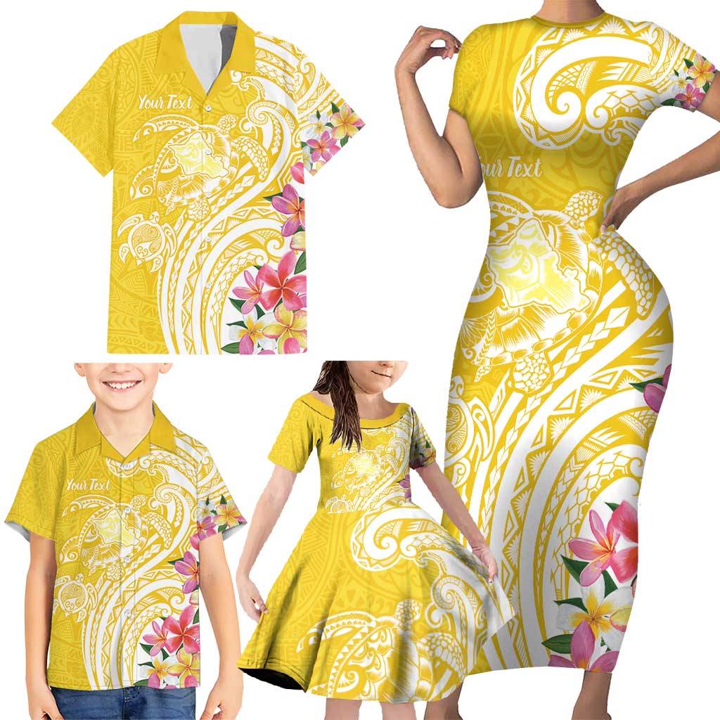 Aloha Oahu Island Personalized Family Matching Short Sleeve Bodycon Dress and Hawaiian Shirt Yellow Dreamy Turtle LT7 - Polynesian Pride