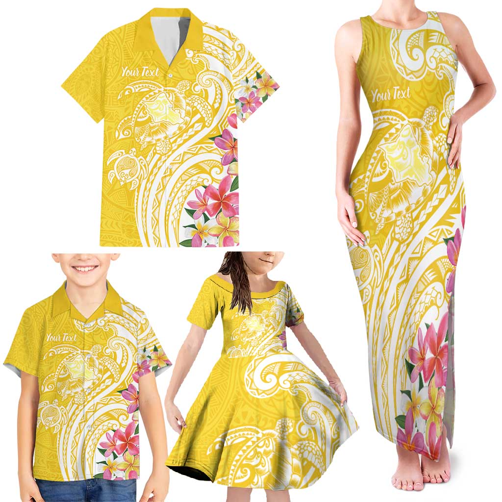 Aloha Oahu Island Personalized Family Matching Tank Maxi Dress and Hawaiian Shirt Yellow Dreamy Turtle
