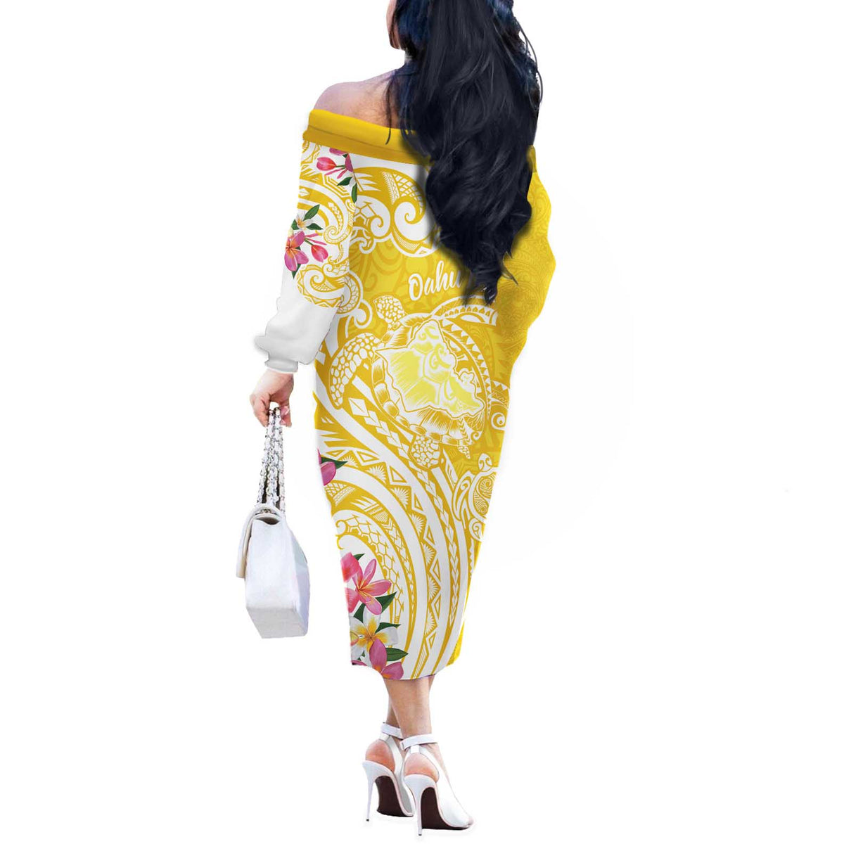 Aloha Oahu Island Personalized Off The Shoulder Long Sleeve Dress Yellow Dreamy Turtle