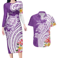 Aloha Kauai Island Personalized Couples Matching Long Sleeve Bodycon Dress and Hawaiian Shirt Lilac Dreamy Turtle