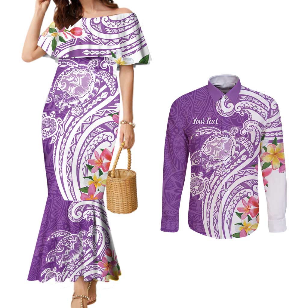 Aloha Kauai Island Personalized Couples Matching Mermaid Dress and Long Sleeve Button Shirt Lilac Dreamy Turtle