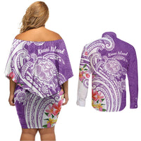Aloha Kauai Island Personalized Couples Matching Off Shoulder Short Dress and Long Sleeve Button Shirt Lilac Dreamy Turtle