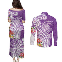 Aloha Kauai Island Personalized Couples Matching Puletasi and Long Sleeve Button Shirt Lilac Dreamy Turtle