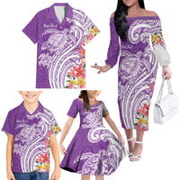 Aloha Kauai Island Personalized Family Matching Off The Shoulder Long Sleeve Dress and Hawaiian Shirt Lilac Dreamy Turtle LT7 - Polynesian Pride