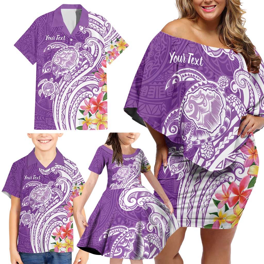 Aloha Kauai Island Personalized Family Matching Off Shoulder Short Dress and Hawaiian Shirt Lilac Dreamy Turtle