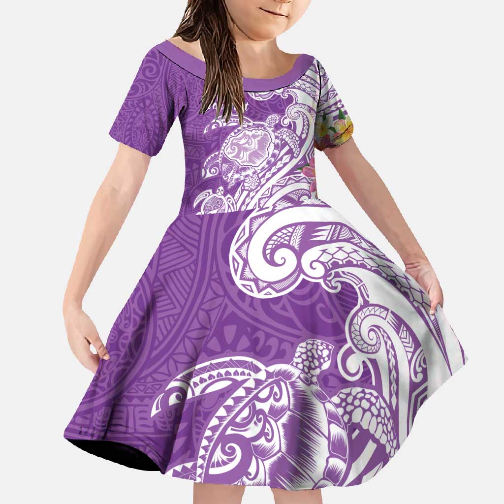 Aloha Kauai Island Personalized Family Matching Short Sleeve Bodycon Dress and Hawaiian Shirt Lilac Dreamy Turtle LT7 Daughter's Dress Lilac - Polynesian Pride