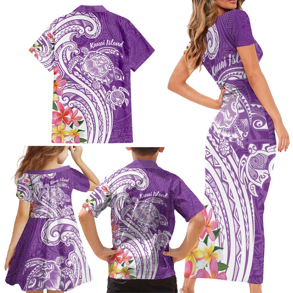 Aloha Kauai Island Personalized Family Matching Short Sleeve Bodycon Dress and Hawaiian Shirt Lilac Dreamy Turtle LT7 - Polynesian Pride