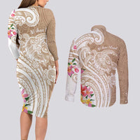 Aloha Ni’ihau Island Personalized Couples Matching Long Sleeve Bodycon Dress and Long Sleeve Button Shirt Beige Dreamy Turtle