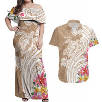 Aloha Niihau Island Personalized Couples Matching Off Shoulder Maxi Dress and Hawaiian Shirt Beige Dreamy Turtle LT7 Beige - Polynesian Pride
