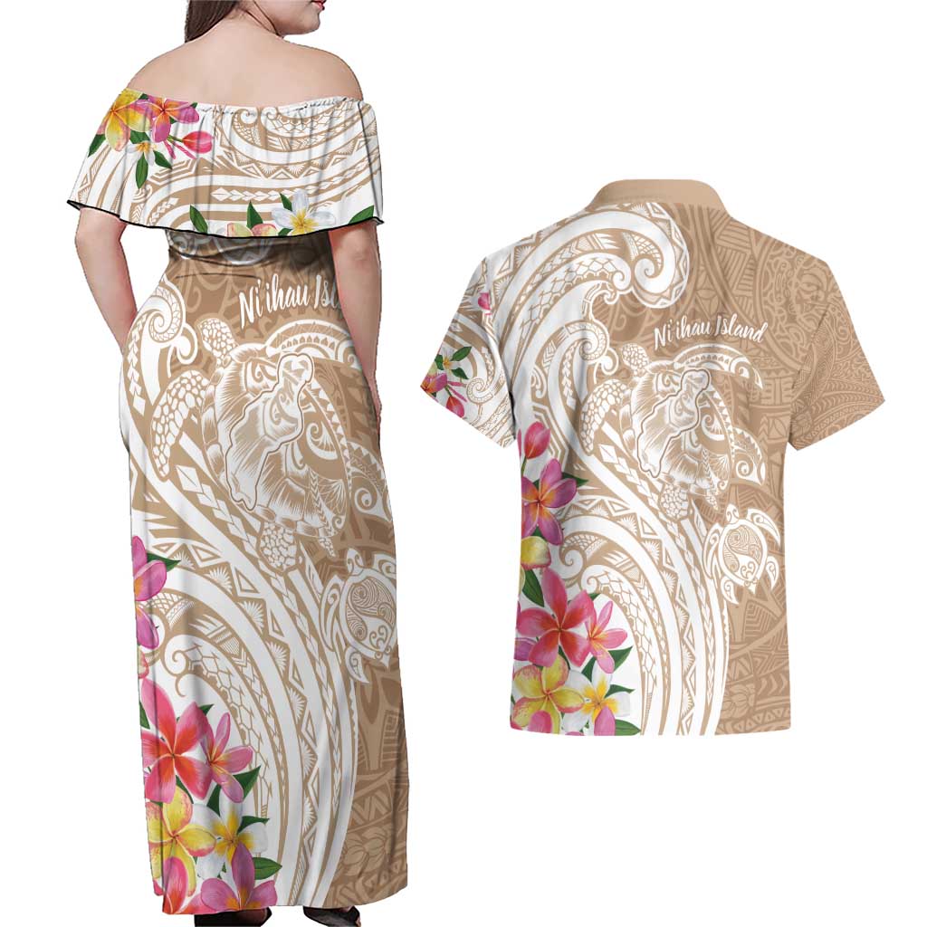 Aloha Niihau Island Personalized Couples Matching Off Shoulder Maxi Dress and Hawaiian Shirt Beige Dreamy Turtle LT7 - Polynesian Pride