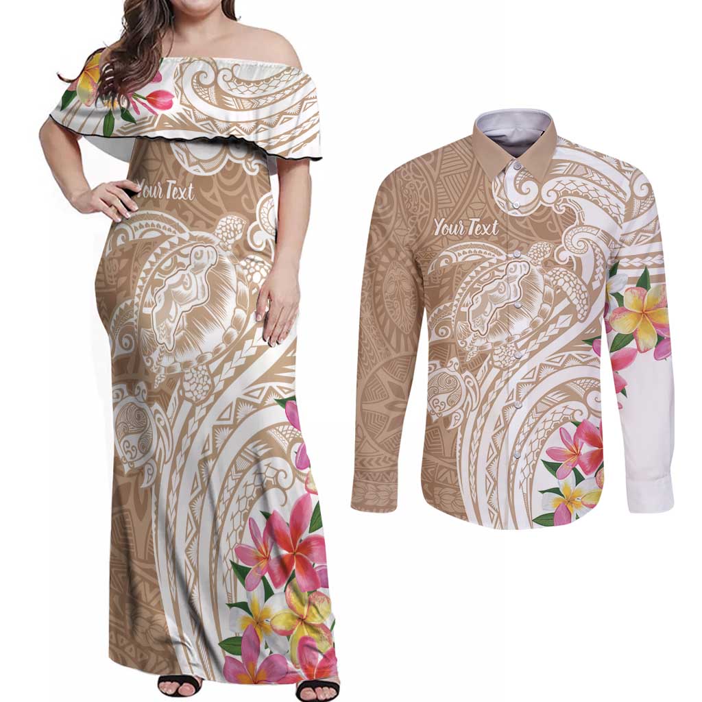 Aloha Ni’ihau Island Personalized Couples Matching Off Shoulder Maxi Dress and Long Sleeve Button Shirt Beige Dreamy Turtle