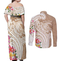 Aloha Ni’ihau Island Personalized Couples Matching Off Shoulder Maxi Dress and Long Sleeve Button Shirt Beige Dreamy Turtle