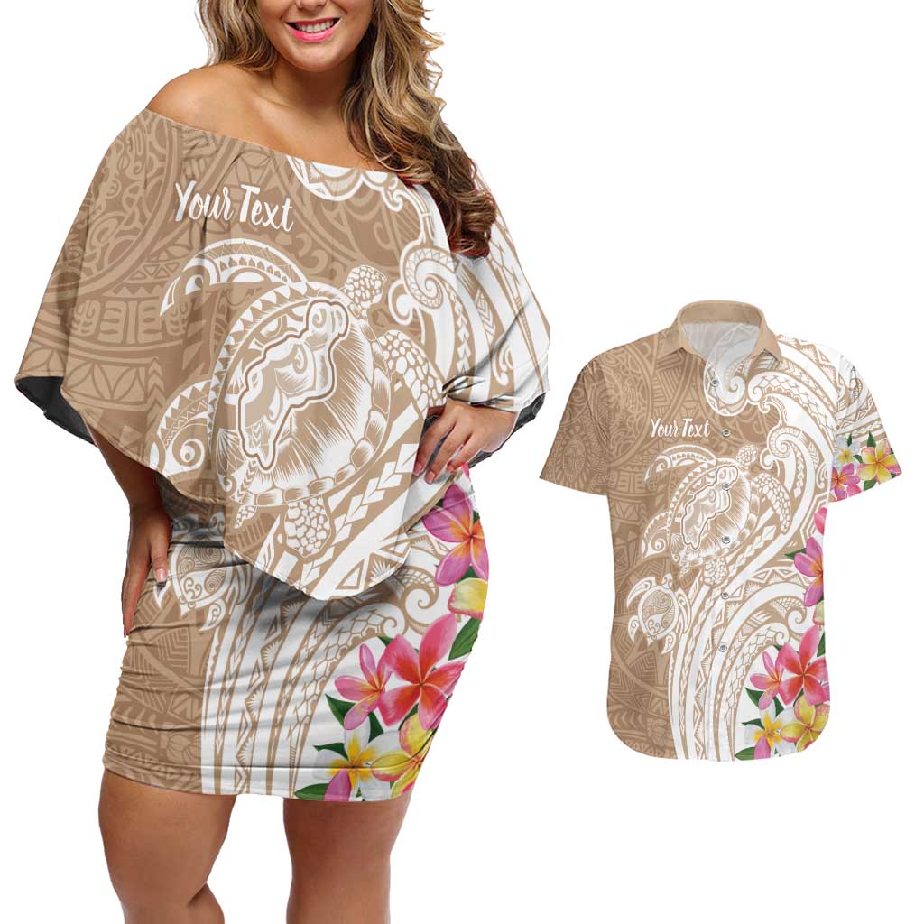 Aloha Niihau Island Personalized Couples Matching Off Shoulder Short Dress and Hawaiian Shirt Beige Dreamy Turtle LT7 Beige - Polynesian Pride