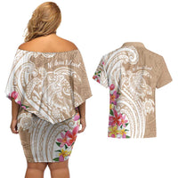 Aloha Niihau Island Personalized Couples Matching Off Shoulder Short Dress and Hawaiian Shirt Beige Dreamy Turtle LT7 - Polynesian Pride