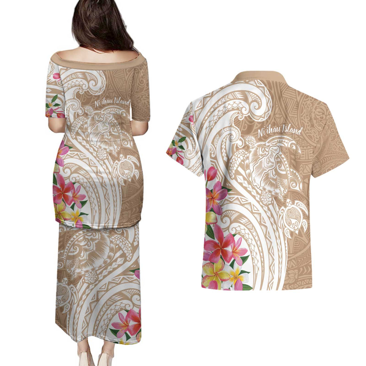Aloha Ni’ihau Island Personalized Couples Matching Puletasi and Hawaiian Shirt Beige Dreamy Turtle