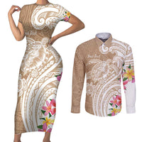 Aloha Ni’ihau Island Personalized Couples Matching Short Sleeve Bodycon Dress and Long Sleeve Button Shirt Beige Dreamy Turtle