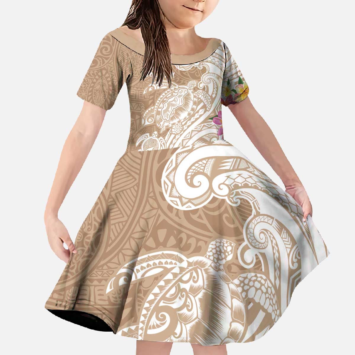 Aloha Niihau Island Personalized Family Matching Off The Shoulder Long Sleeve Dress and Hawaiian Shirt Beige Dreamy Turtle LT7 Daughter's Dress Beige - Polynesian Pride